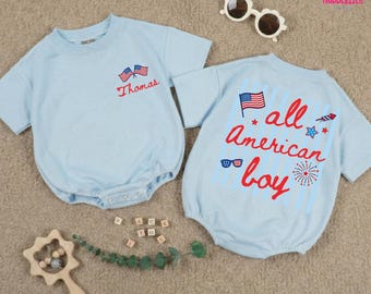 Personalized All American Boy Baby Romper, Striped Patriotic Baby Outfit, 4th of July Baby Bodysuit, American Flag Independence Day Toddler