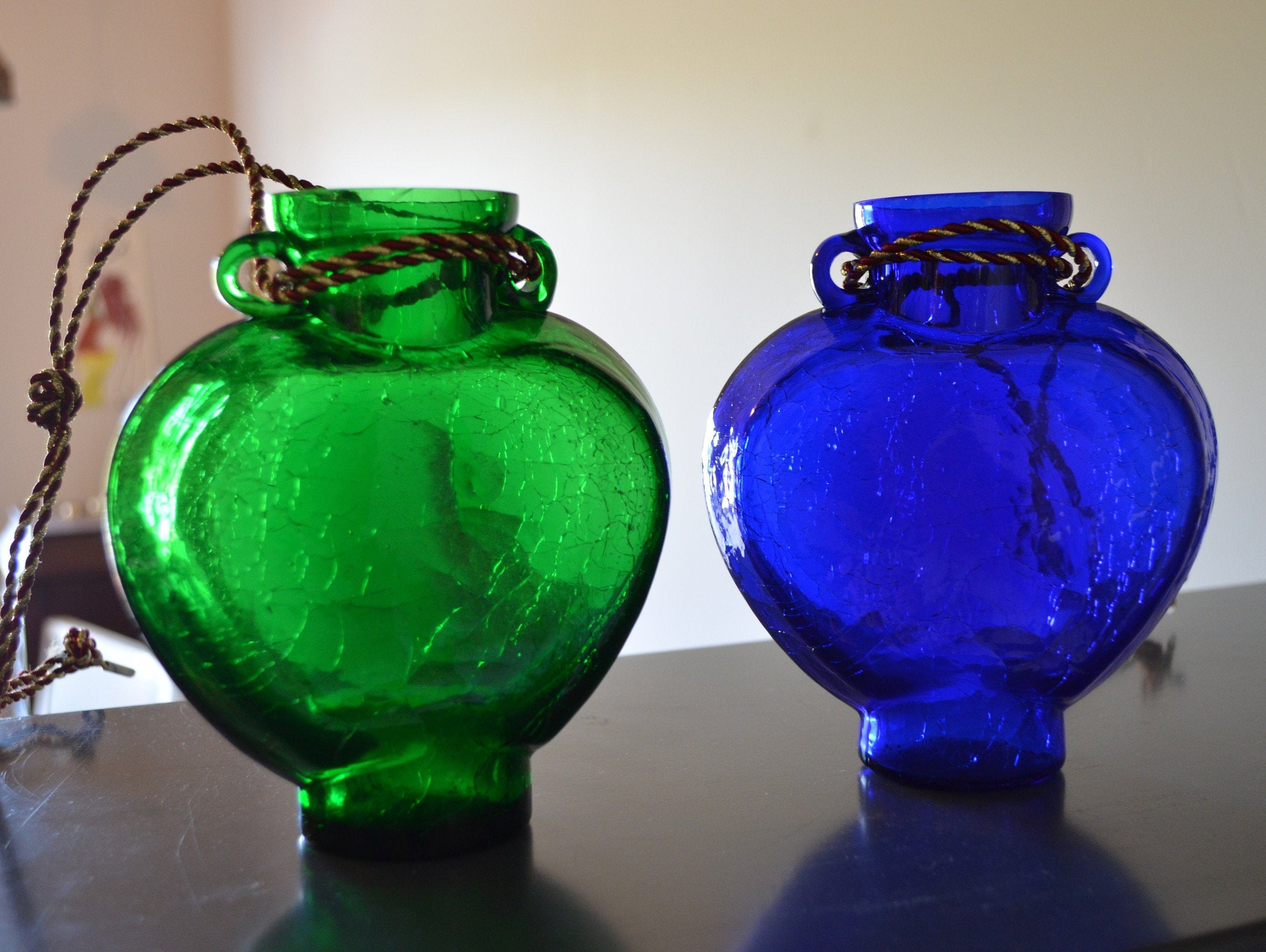 Pair of Hanging Jars Colored Glass Crackled Glass Etsy