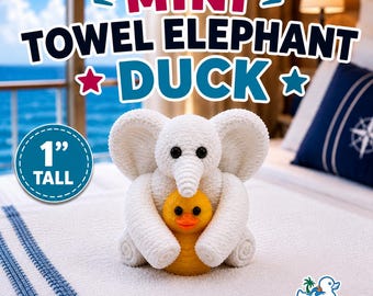 Puede incluir: Una figura de elefante blanca impresa en 3D que sostiene un pato amarillo, con una altura de 2,54 cm. El texto MINI TOWEL ELEPHANT DUCK aparece sobre las figuras. Un pequeño logotipo con una palmera y un pato está abajo a la derecha.