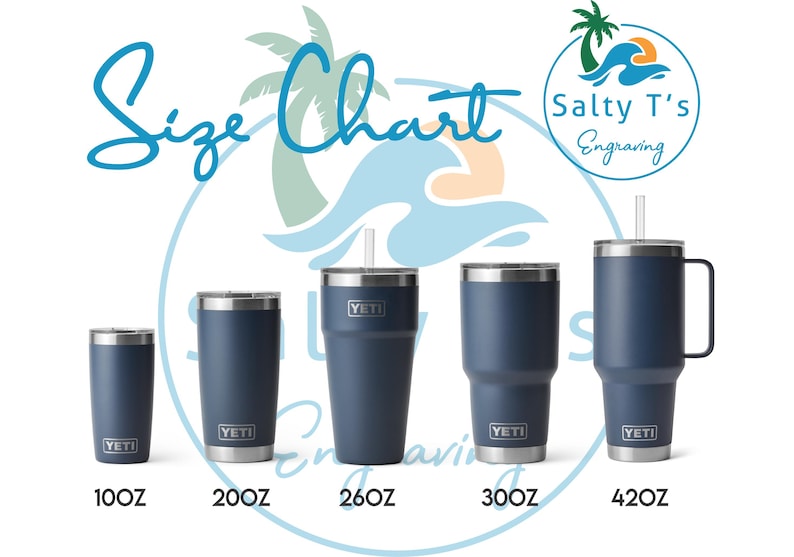 K&ouml;nnte beinhalten: Gr&ouml;&szlig;entabelle f&uuml;r Yeti Becher in verschiedenen Gr&ouml;&szlig;en, darunter 10oz, 20oz, 26oz, 30oz und 42oz. Die Becher sind alle marineblau mit einem silbernen Deckel und dem Yeti-Logo.