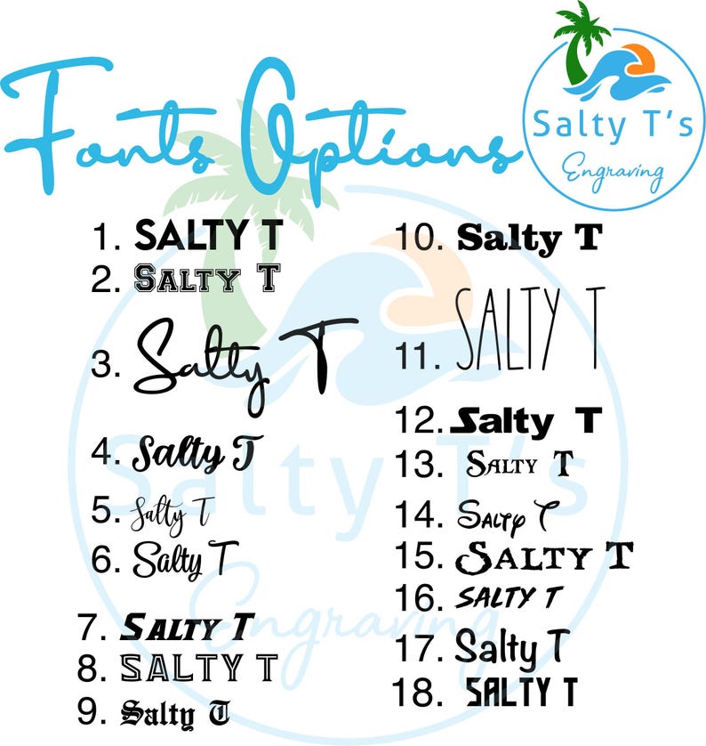 K&ouml;nnte beinhalten: Eine Liste von 18 verschiedenen Schriftarten f&uuml;r den Text "Salty T" in verschiedenen Stilen, darunter Gro&szlig;buchstaben, Kleinbuchstaben und Kursivschrift. Das Bild enth&auml;lt auch den Text "Salty T's Engraving".