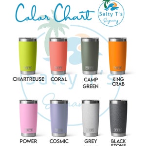 K&ouml;nnte beinhalten: Farbkarte mit zehn verschiedenen Farben von Yeti-Bechern. Die Farben sind: Chartreuse, Koralle, Camp Green, King Crab, Power Pink, Cosmic Lilac, Grey Stone, Black Stone.