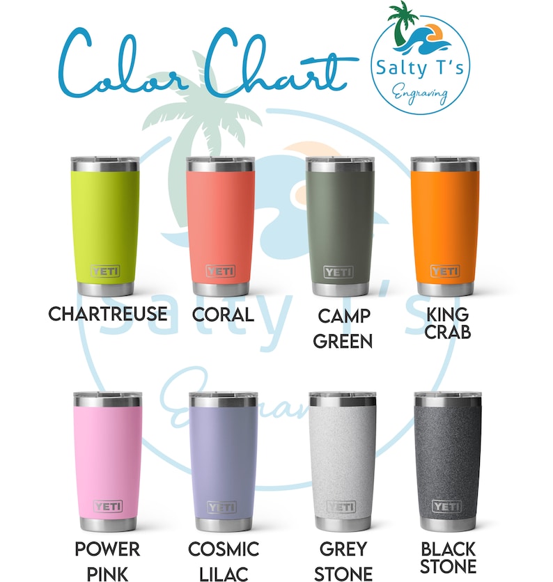 K&ouml;nnte beinhalten: Farbkarte mit zehn verschiedenen Farben von Yeti-Bechern. Die Farben sind: Chartreuse, Koralle, Camp Green, King Crab, Power Pink, Cosmic Lilac, Grey Stone, Black Stone.