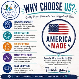 Puede incluir: Un gr&aacute;fico informativo para Salty T's 3D Printing con un logotipo de pato, el texto WHY CHOOSE US?, y cinco puntos que detallan la calidad, colores vibrantes, idoneidad para cruceros, cuidado y env&iacute;o. Incluye una insignia AMERICA MADE.