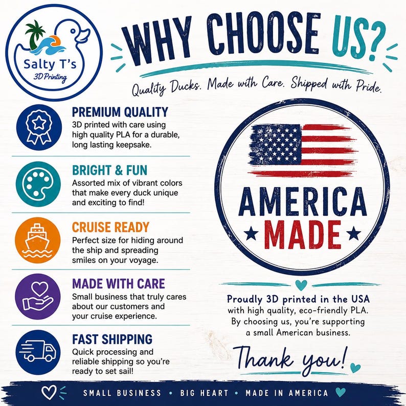 Puede incluir: Un gr&aacute;fico informativo para Salty T's 3D Printing con un logotipo de pato, el texto WHY CHOOSE US?, y cinco puntos que detallan la calidad, colores vibrantes, idoneidad para cruceros, cuidado y env&iacute;o. Incluye una insignia AMERICA MADE.