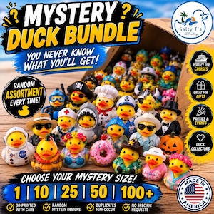 May include: A collection of small, 3D printed rubber-style ducks in a cardboard box, featuring various costumes including a NASA astronaut, pirate, chef, shark, doctor, and pumpkin. The image includes text reading MYSTERY DUCK BUNDLE.
