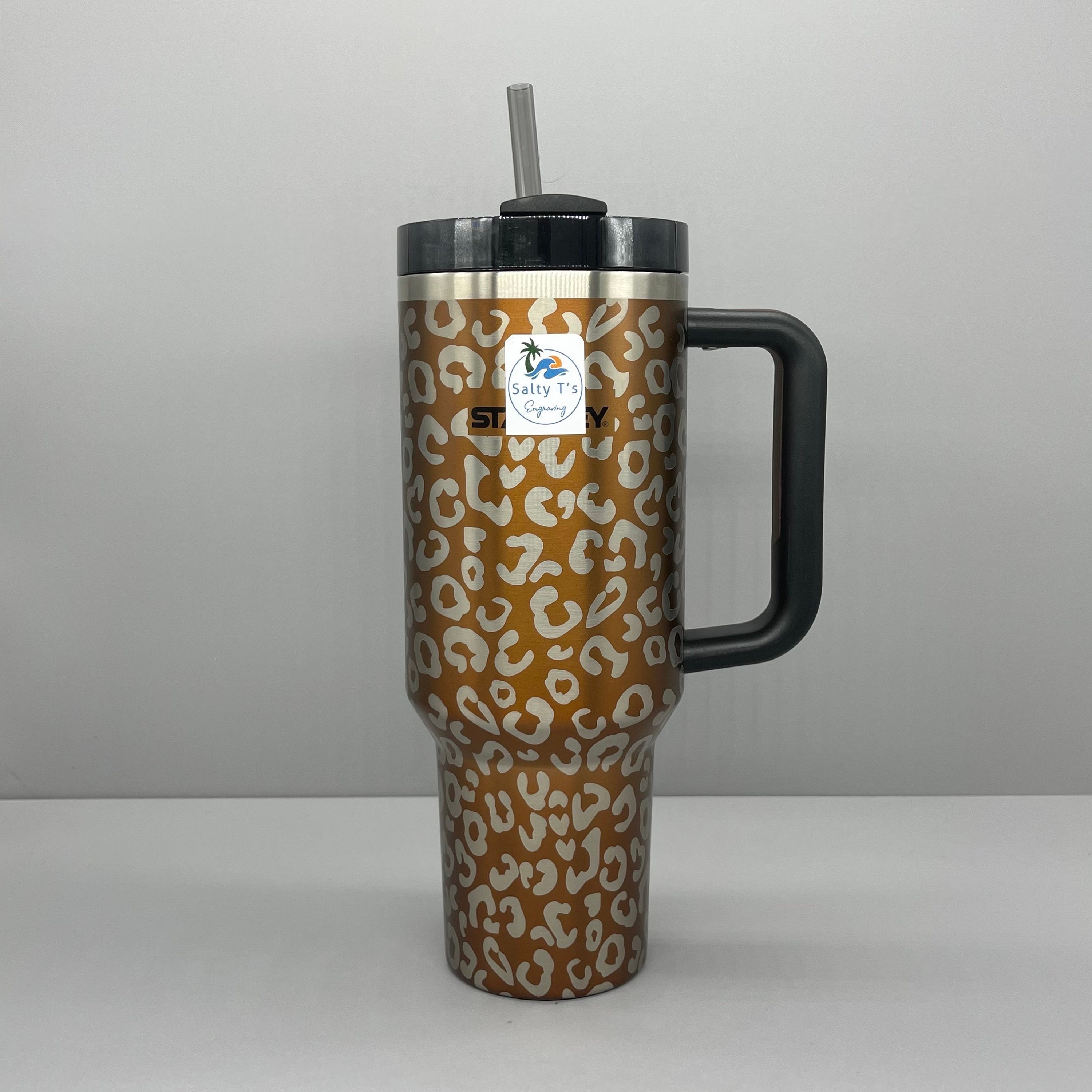 40 oz Tumbler with Handle - Laser Engraved Leopard Print Design