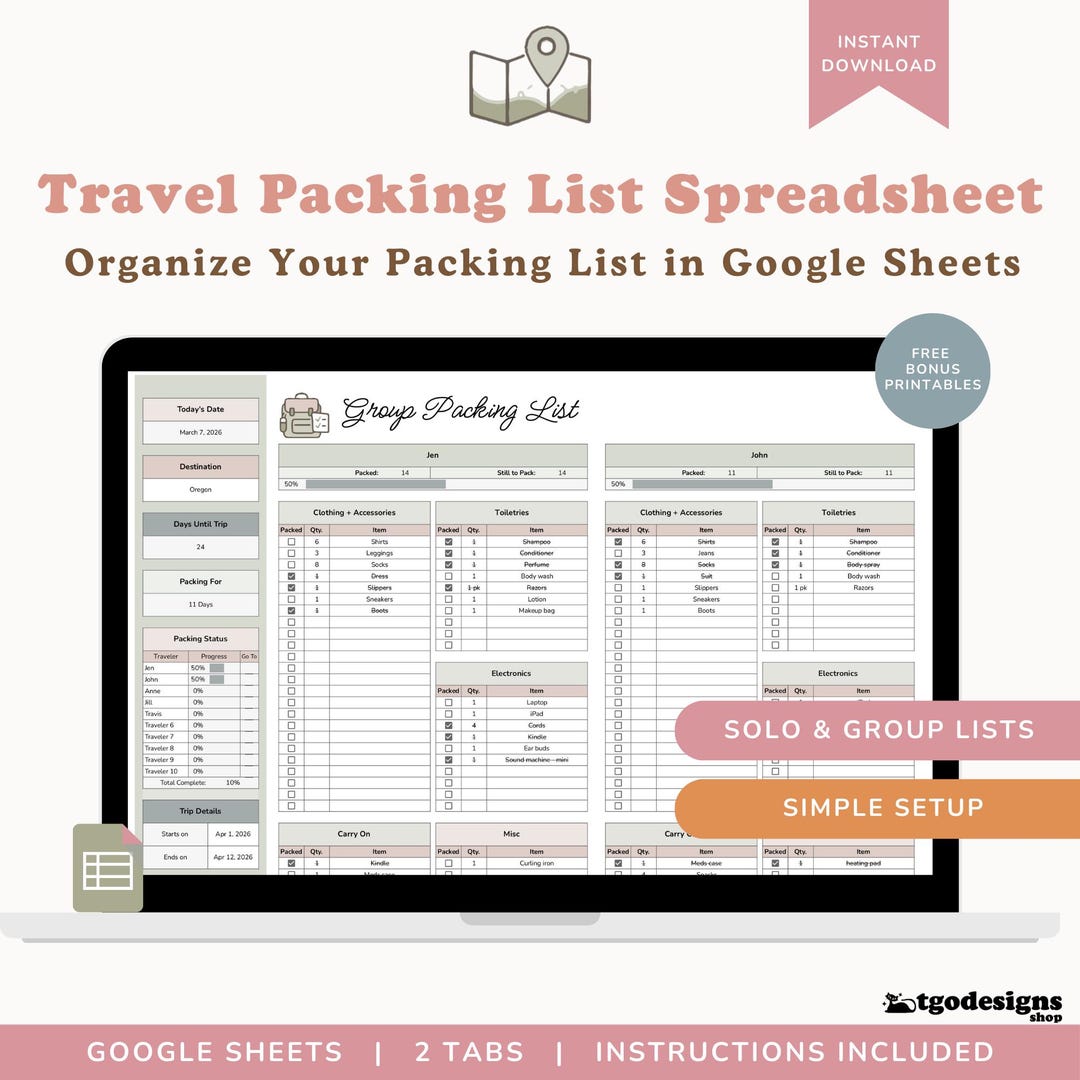 Travel Packing List Spreadsheet for Google Sheets | Vacation Packing ...