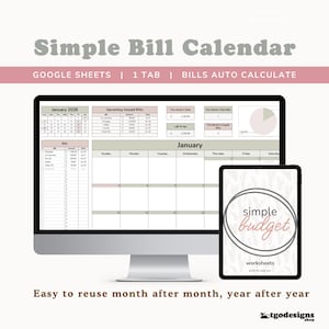May include: A digital bill calendar template displayed on a computer monitor and a tablet screen. The interface features a January 2026 calendar, bill tracking tables, and summary charts. The text reads Simple Bill Calendar and simple budget worksheets.