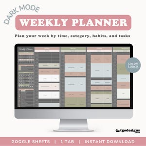 May include: A computer monitor displaying a weekly planner template in dark mode. The planner is color-coded and includes sections for time, category, habits, and tasks. Text on the screen reads "WEEKLY PLANNER" and "Plan your week by time, category, habits, and tasks."