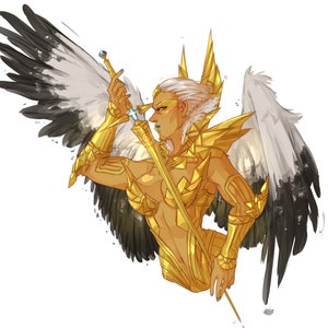 May include: A woman with white hair and golden armor holds a sword with a blue gem. She has large black and white wings.