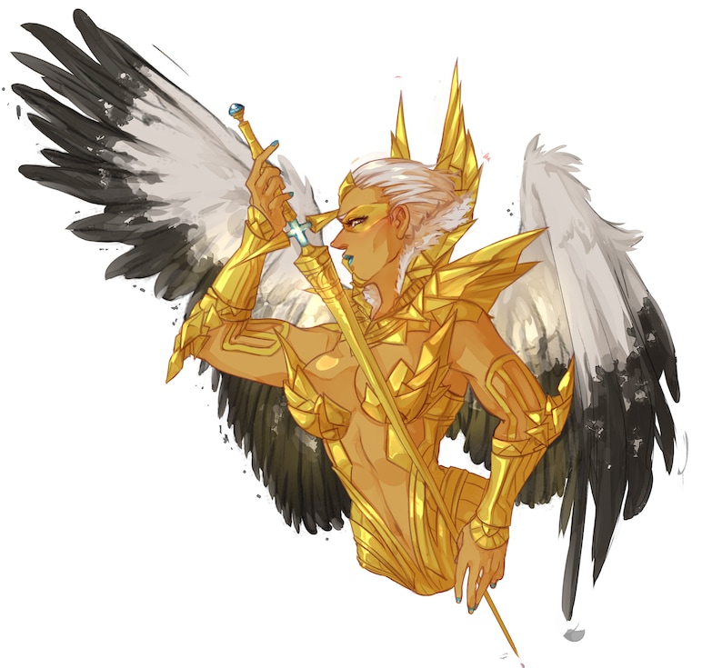 May include: A woman with white hair and golden armor holds a sword with a blue gem. She has large black and white wings.