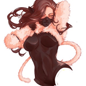 May include: A woman with long brown hair wearing a black bodysuit with a fluffy pink collar and a black mask. She has a cat-like tail.