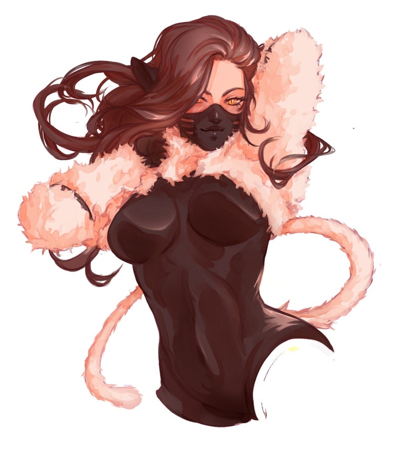 May include: A woman with long brown hair wearing a black bodysuit with a fluffy pink collar and a black mask. She has a cat-like tail.