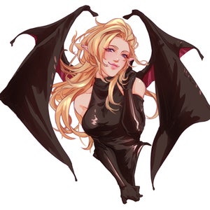 May include: A woman with long blonde hair and black wings wearing a black dress with a high neckline. She has a soft smile and is looking to the side.