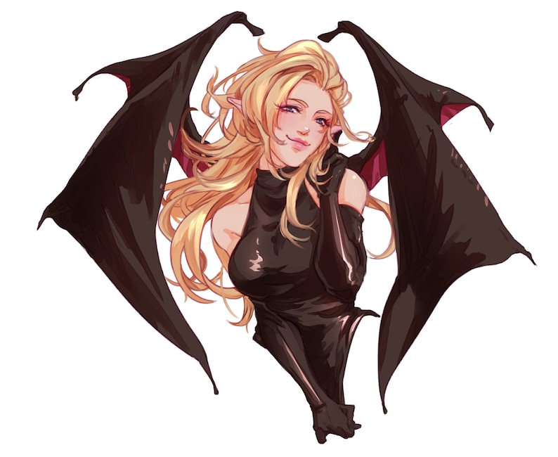 May include: A woman with long blonde hair and black wings wearing a black dress with a high neckline. She has a soft smile and is looking to the side.