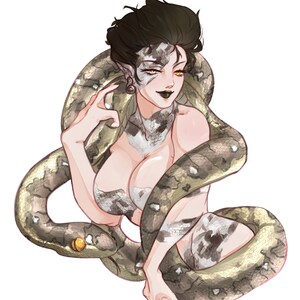 May include: A woman with black hair and a snake wrapped around her body. The snake is a light brown color with dark brown markings. The woman is wearing a white and black patterned top.