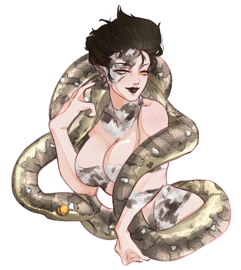 May include: A woman with black hair and a snake wrapped around her body. The snake is a light brown color with dark brown markings. The woman is wearing a white and black patterned top.