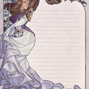 May include: A digital illustration of a woman with long brown hair wearing a white dress with gold accents and a blue gem on her belt. She is holding a sword and has a golden shield on her arm. The background is a light purple with white flowers.