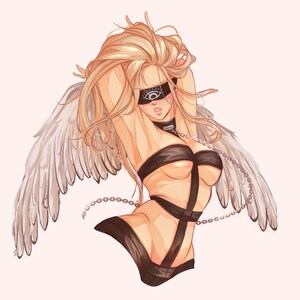 May include: A woman with long blonde hair and white angel wings is wearing a black leather harness with straps and chains. She is blindfolded with a black eye mask.