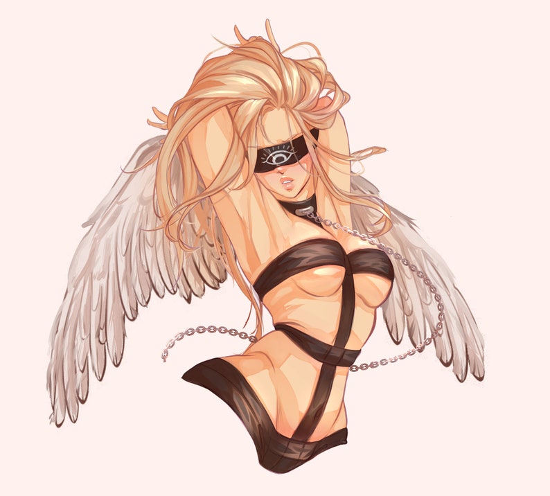 May include: A woman with long blonde hair and white angel wings is wearing a black leather harness with straps and chains. She is blindfolded with a black eye mask.
