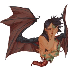 May include: A woman with long black hair and a red and black wing behind her. She is partially transformed into a creature with green skin and a red tail. Her hand is covering her eye.