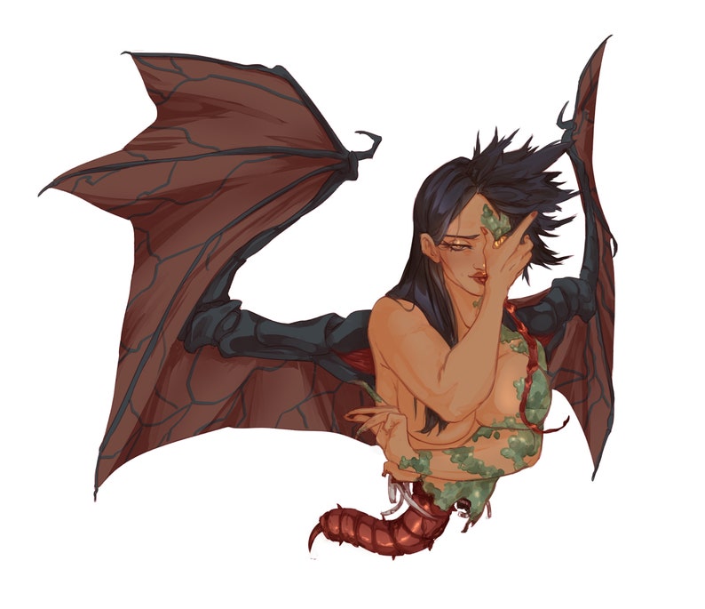 May include: A woman with long black hair and a red and black wing behind her. She is partially transformed into a creature with green skin and a red tail. Her hand is covering her eye.