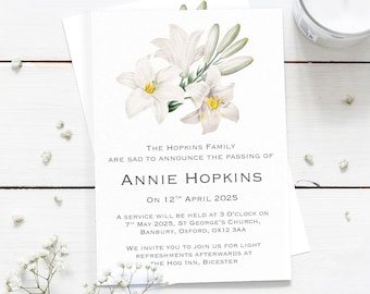 Funeral Lilly Announcement Cards | Celebration of Life Invitations | Memorial Card Invitation | Funeral Service Invites | Lilies Wake Invite