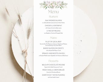 Menús de boda impresos, tarjetas de menú para invitados, boda floral en verde salvia y blanco, menús personalizados, Susurros de blanco