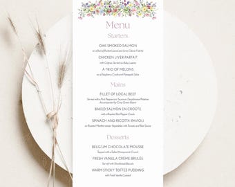 Tarjetas de menú de boda impresas, tarjetas de menú para invitados con flores silvestres, boda floral colorida, menú de cena personalizado, menú rosa, prado en flor