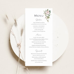 Tarjeta de menú de boda impresa / Menú de mesa verde y rosa / Menú de cena / Menú de desayuno de boda / Menú personalizado / Tarjeta de menú de invitados / IMPRESO
