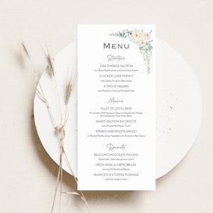 Tarjeta de menú de boda / Menú de mesa verde pastel y blanco / Menú de cena / Menú de desayuno de boda / Menú personalizado / Tarjeta de menú de invitado / IMPRESO