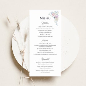 Tarjeta de Menú de Invitados de Bodas / Menú de Mesa Rosa Blanco Azul / Menú de Cena / Menú de Desayuno de Bodas / Menú Personalizado / Menú Individual / IMPRESO