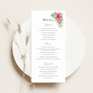 Tarjeta impresa del menú de boda tropical / Menú de mesa verde / Coloridas flores tropicales / Menú de cena / Menú de desayuno de boda / Invitado / IMPRESO