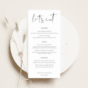 Menu per matrimoni, scheda del menu degli ospiti stampata, scheda del menu per la cena, menu per matrimoni minimalista, menu per la colazione nuziale, menu personalizzato, STAMPATO