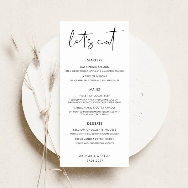 Wedding Menus | Printed Guest Menu Card | Dinner Menu Card | Minimalistic Wedding Menu | Wedding Breakfast Menu | Personalised Menu |PRINTED