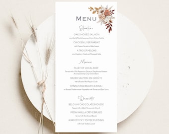 Karta menu weselnego na jesień | Menu stołu w kolorze brązowo-rdzawym | Menu kolacji | Menu śniadaniowe na wesele | Spersonalizowane menu | Karta menu gościa | DRUKOWANE