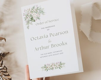 Wedding Order of Service Booklet, Wedding Ceremony Cards, Sage Green and White Floral Wedding Ceremony, Event Programme, Whispers of White