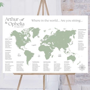 Tischplan für die Hochzeit mit Weltkarte | Wo auf der Welt sitzen Sie? | Hochzeit mit Reisethema | Sitzplan | Schild für die Hochzeit am Reiseziel