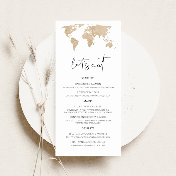 Travel Themed Wedding Menu Card | Guest Wedding Menu | Destination Wedding Table Menu | World Map Wedding | Wedding Breakfast | PRINTED