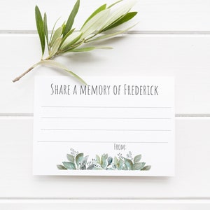 May include: White card with the text "Share a memory of Frederick" and a line for writing. Below the line is the word "From:" and a green watercolour floral design.