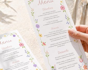Menús con diseños caprichosos dibujados a mano, decoración floral veraniega para la mesa, boda con flores silvestres, menús personalizados, fiesta de verano en el jardín.