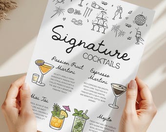 Menú de bebidas impreso, cartel de cócteles con un toque original dibujado a mano, cócteles para bodas, carteles de bar, bebidas para él y para ella, bebidas para los novios.