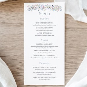 Menú de boda, tarjeta de menú de boda personalizada, menú de flores silvestres, menú de flores silvestres azules y rosas, tarjetas de menú, tarjetas de menú para invitados, menú floral
