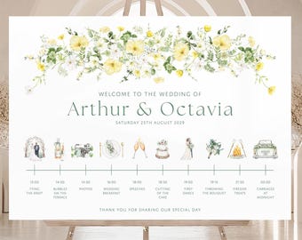 Yellow Wildflower Wedding Order of the Day, Wedding Timeline Sign, Events Board, Yellow and Green Wild Flower Sign, Wedding Itinerary