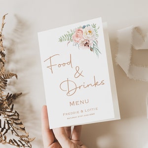 Hochzeit Menükarte | Peach Pink White Table Menü | Abendkarte | Hochzeitsfrühstücksmenü | Personalisiertes Menü | Gästekarte | GEDRUCKT
