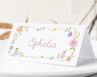 Whimsical Floral Wedding Place Card, Hand Drawn Name Cards, Botanical Wildflower, Personalised Name Cards, Garden Party