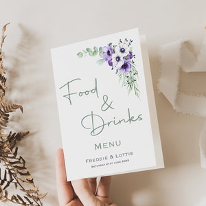 Tarjeta de menú de boda / Menú de mesa púrpura oscuro y blanco / Menú de cena / Menú de desayuno de boda / Menú personalizado / Tarjeta de menú de invitados / IMPRESO