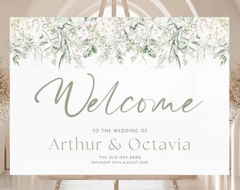 Personalised Wedding Welcome Sign, Botanical Greenery, Green and White Wedding Signs, Floral Decor, Whispers of White
