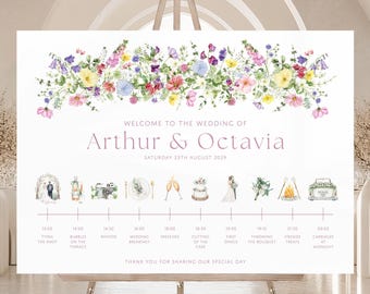 Order of the Day Wedding Sign, Colourful Wildflower Wedding, Floral Wedding Sign, Personalised Order of the Events, Meadow in Bloom
